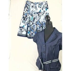 Perceptions New York Skirt Suit Set Women 12 Navy Floral Short Sleeve Careerwear